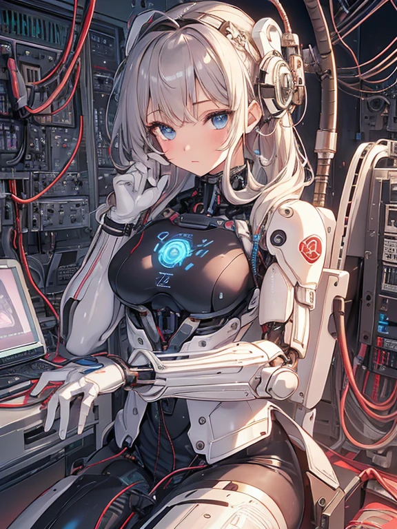 NSFW, (((masterpiece)))、(((highest quality)))、((Super fine))、(Detailed CG illustration)、((very delicate and beautiful))、(Delicate and cute face)、cinematic light、((1 Mechanical Girl))、solo、Full body Esbian、(highest qualityのイラスト:1.2), (pretty girl:1.1), (1 girl, solo:1.5), (1 girl、18-year-old、beautiful breasts:1.5、highly detailed eyes:1.2)、(beautiful breasts:1.1)、Cyborg Machine Main Body、positive、white cyber suit、perfect fit、black haired、brown hair、silver hair、blonde、blue hair、blue eyes、brown eyes、red eye mechanical joint:1.4)、((mechanical limbs))、(blood vessels connected to tubeechanical spine attached to back))、((mechanical cervical vertebrae)attached to the neck))、((Sitting on a chair on a machine))、No expression、(Wires and cables attached to head and body:1.5)、(character focus)、nffsw、Under maintenance、Touching the whole body with a mechanical arm