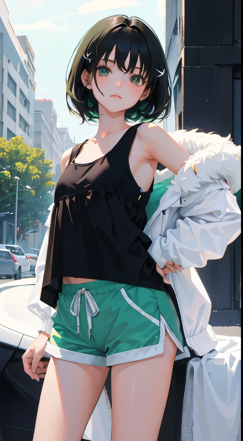 (short cute girl,small young student,young delicate girl),(masterpiece,Top quality),Tank top,light green shorts,short sleeve,long black hair,sleepy