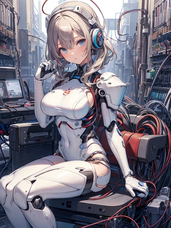 NSFW, (((masterpiece)))、(((highest quality)))、((Super fine))、(Detailed CG illustration)、((very delicate and beautiful))、(Delicate and cute face)、cinematic light、((1 Mechanical Girl))、solo、Full body Esbian、(highest qualityのイラスト:1.2), (pretty girl:1.1), (1 girl, solo:1.5), (1 girl、18-year-old、beautiful breasts:1.5、highly detailed eyes:1.2)、(beautiful breasts:1.1)、Cyborg Machine Main Body、positive、white cyber suit、perfect fit、black haired、brown hair、silver hair、blonde、blue hair、blue eyes、brown eyes、red eye mechanical joint:1.4)、((mechanical limbs))、(blood vessels connected to tubeechanical spine attached to back))、((mechanical cervical vertebrae)attached to the neck))、((Sitting on a chair on a machine))、No expression、(Wires and cables attached to head and body:1.5)、(character focus)、nffsw、Under maintenance、Touching the whole body with a mechanical arm