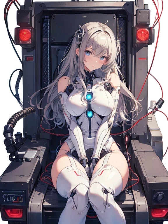 NSFW, (((masterpiece)))、(((highest quality)))、((Super fine))、(Detailed CG illustration)、((very delicate and beautiful))、(Delicate and cute face)、cinematic light、((1 Mechanical Girl))、solo、Full body Esbian、(highest qualityのイラスト:1.2), (pretty girl:1.1), (1 girl, solo:1.5), (1 girl、18-year-old、beautiful breasts:1.5、highly detailed eyes:1.2)、(beautiful breasts:1.1)、Cyborg Machine Main Body、positive、white cyber suit、perfect fit、black haired、brown hair、silver hair、blonde、blue hair、blue eyes、brown eyes、red eye mechanical joint:1.4)、((mechanical limbs))、(blood vessels connected to tubeechanical spine attached to back))、((mechanical cervical vertebrae)attached to the neck))、((Sitting on a chair on a machine))、No expression、(Wires and cables attached to head and body:1.5)、(character focus)、nffsw、Under maintenance、Touching the whole body with a mechanical arm