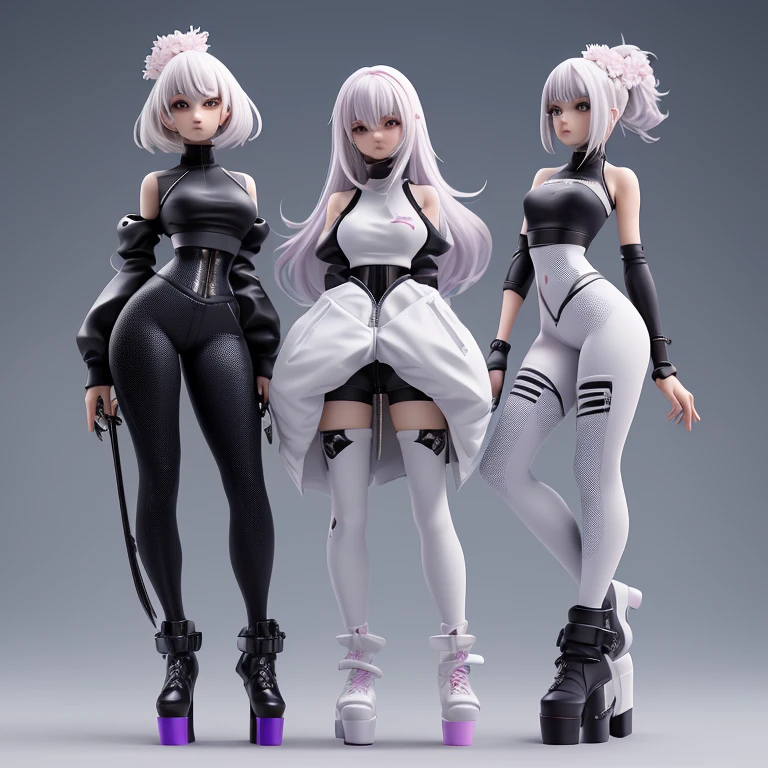 (((Best Quality))), (((Masterpiece))), (((Realistic))) ((full body shot)) split image of front and back view slender, cute girl with short white hair and vibrant purple eyes. She wears only a black bikini and high-tech boots ((front view)) ((back view))