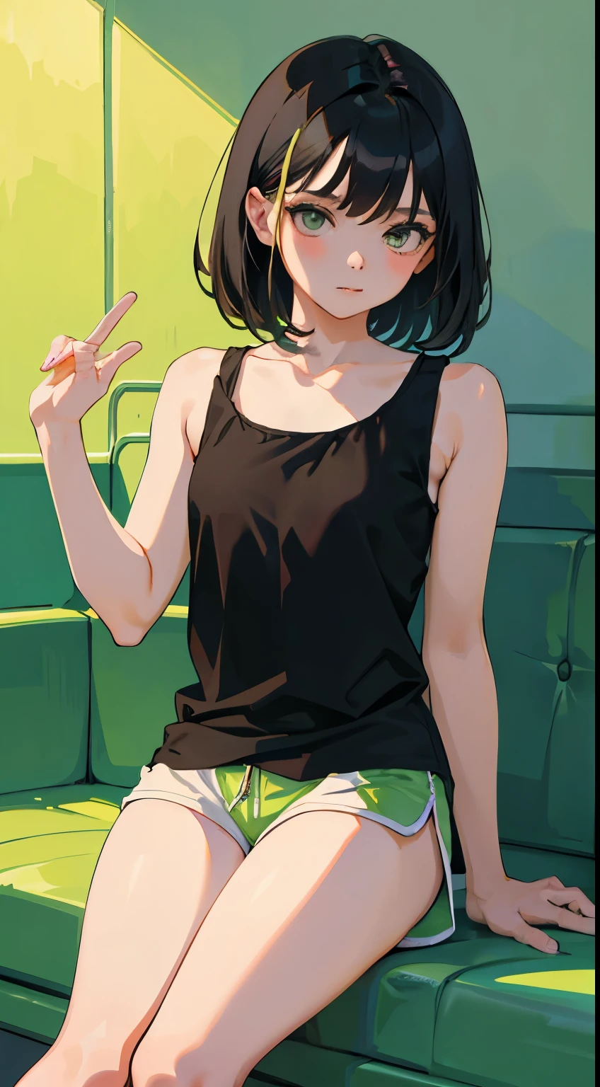 (short cute girl， young studeg delicate girl）,（masterpiece，Top quality)，Tank top，light green shorts，short sleeve，long black hair，sleepy