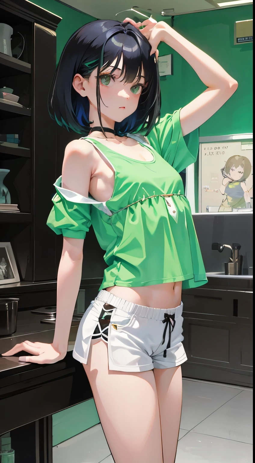(short cute girl, young studeg delicate girl),(masterpiece,Top quality),Tank top,light green shorts,short sleeve,long black hair,sleepy