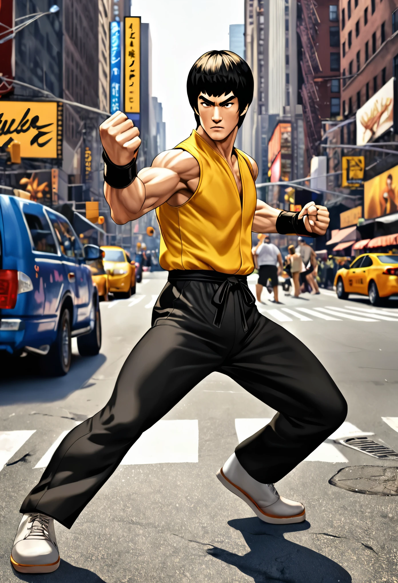 Imagine dois personagens de jogo de luta estilo street fighter pose de luta no meio da cidade de New York ,estilo realista, Bruce Lee style action pose 