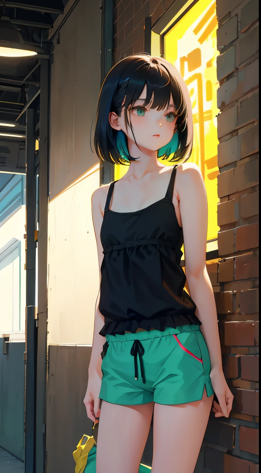 (short cute girl，small young student，young delicate girl）,（masterpiece，Top quality)，Tank top，light green shorts，short sleeve，long black hair，sleepy