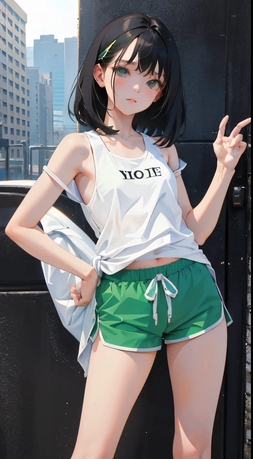 (short cute girl，small young student，young delicate girl）,（masterpiece，Top quality)，Tank top，light green shorts，short sleeve，long black hair，sleepy
