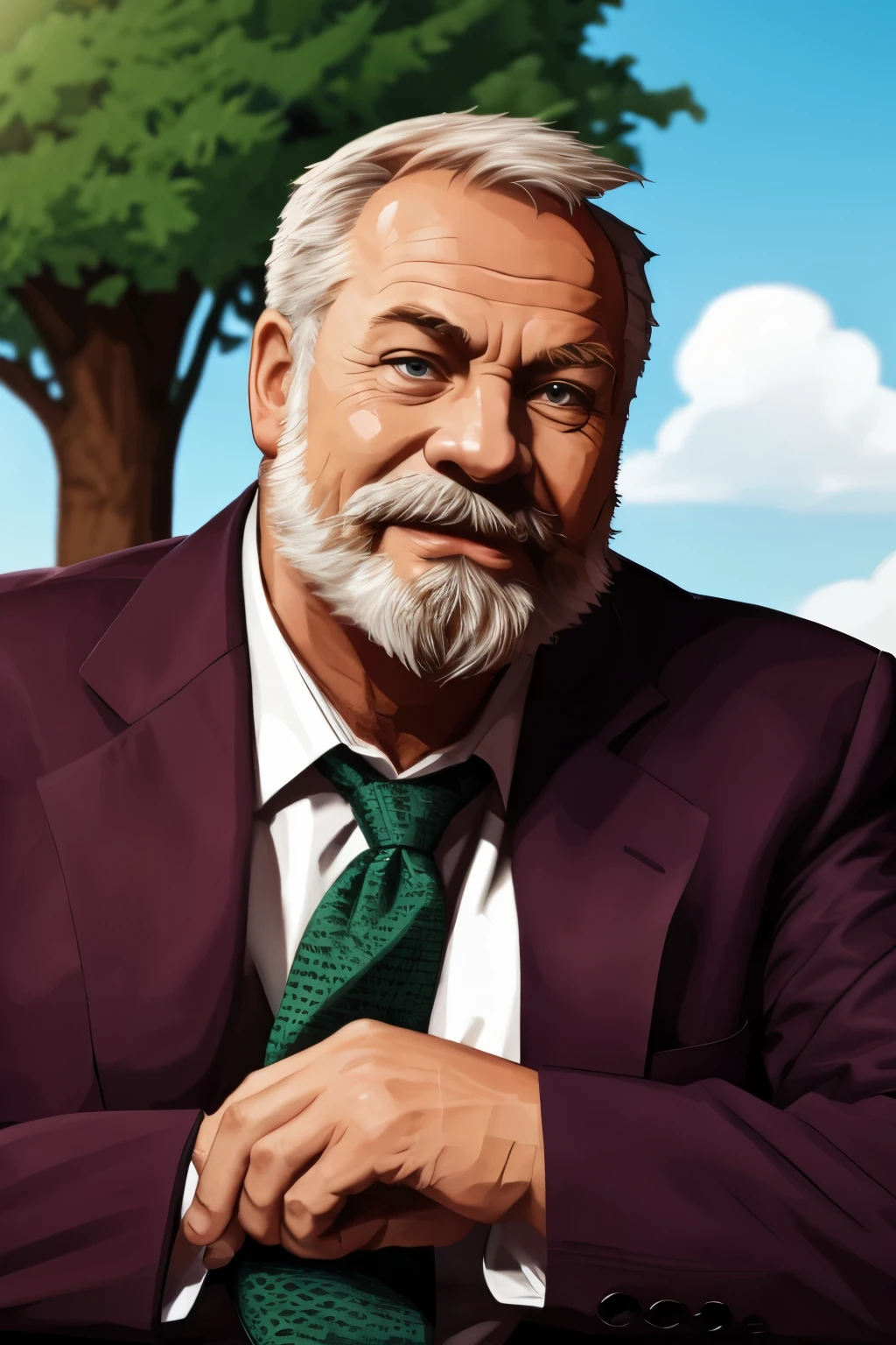 portrait, muscular old man in park, beard, happy, summer, suits, vector, mwvector