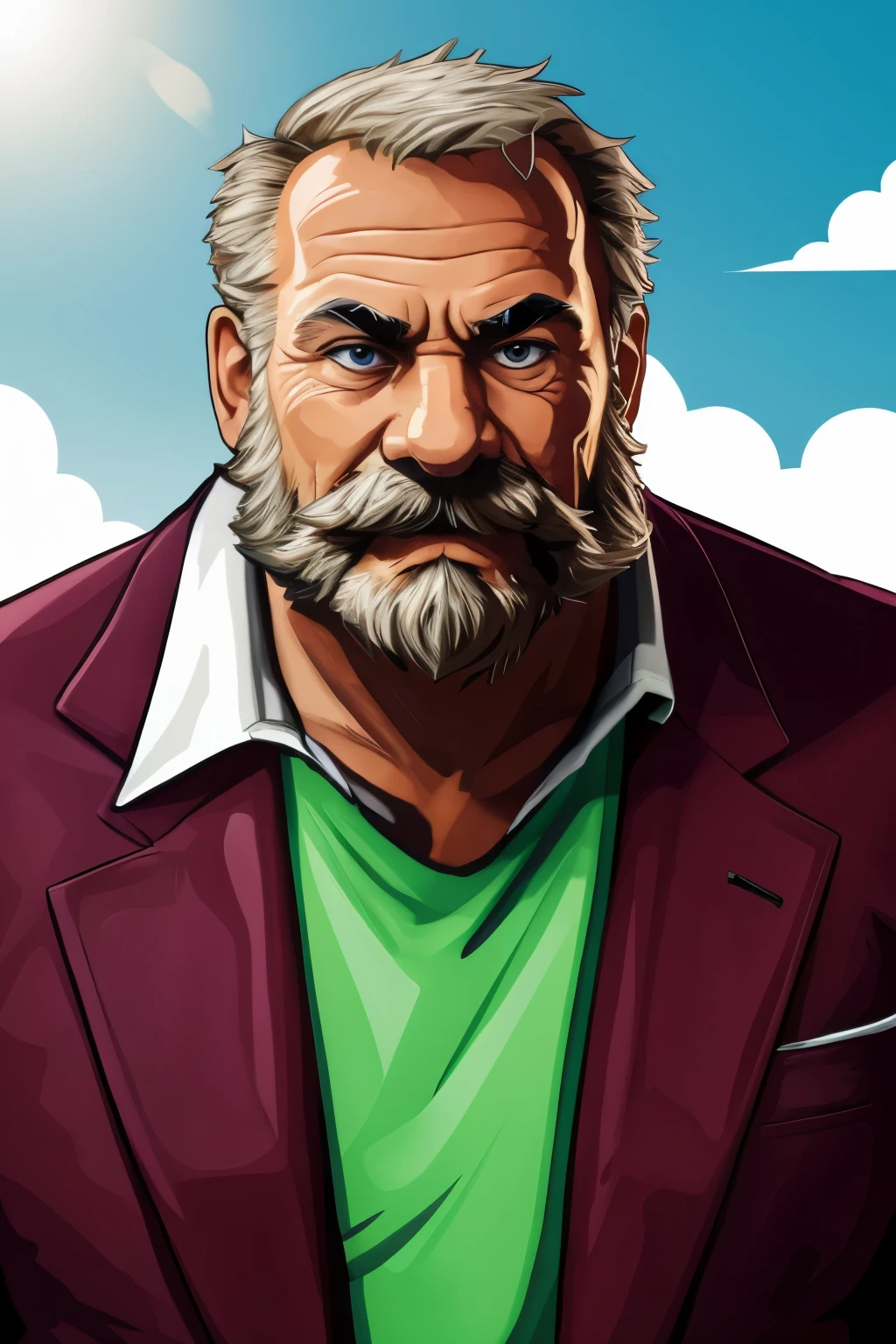 portrait, muscular old man in park, beard, happy, summer, suits, vector, mwvector