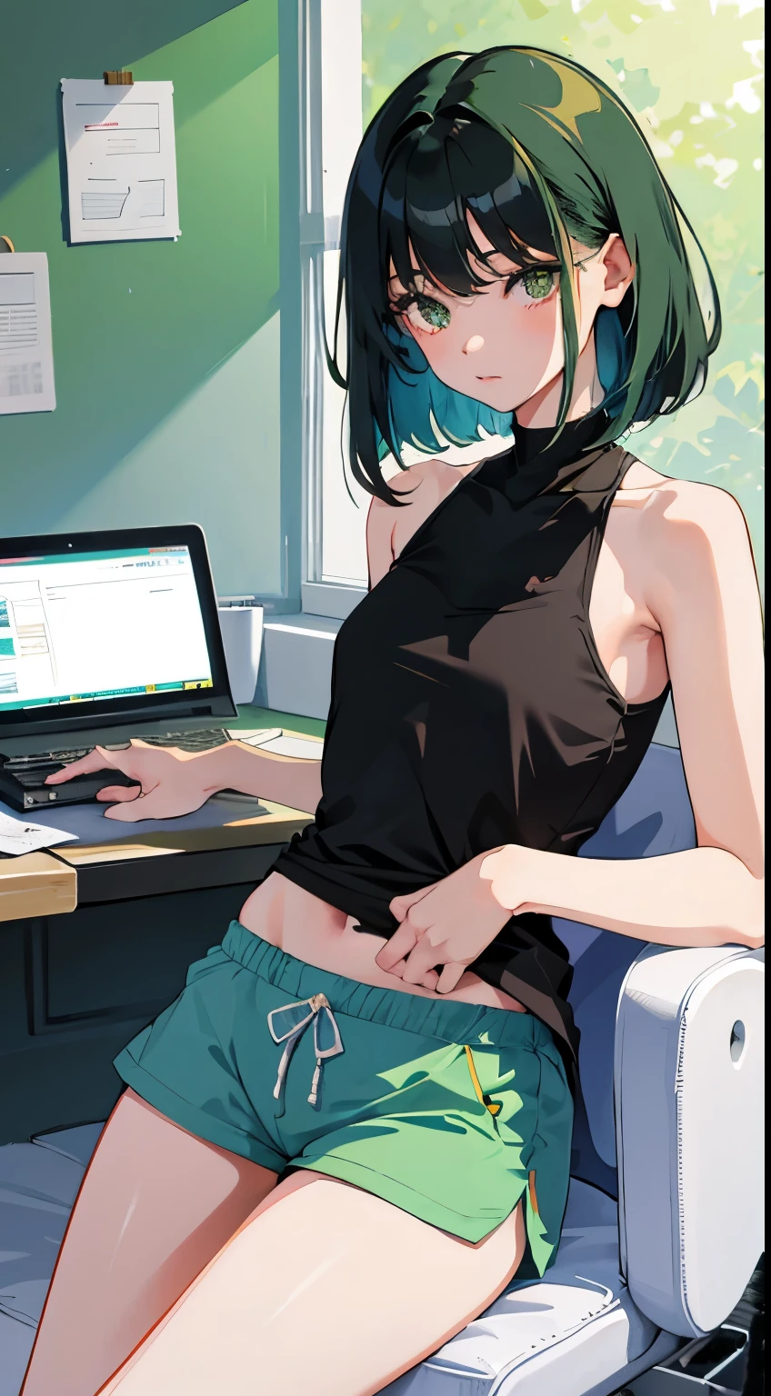 (short cute girl,small young student,young delicate girl),(masterpiece,Top quality),Tank top,light green shorts,short sleeve,long black hair,sleepy