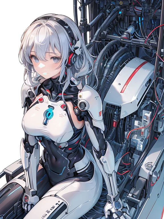 (White background)、(((masterpiece)))、(((top-quality)))、((ultra-definition))、(High Definition CG Illustration)、((extremely delicate and beautiful))、(From Side)、Cinematic Light、 ((1 Mechanical Girl))、solo、full body Esbian、(Mechanical joint:1.2)、((Mechanical limbs))、(Cable connected to tube)、(Back-mounted mechanical spine)、((Neck-mounted mechanical cervical spine) ))、(sitting on)、(Wires and cables attached to the neck:1.2)、(Head wires and cables:1.2)(charactor focus)、Science fiction、A highly detailed、colourfull、The most detailed