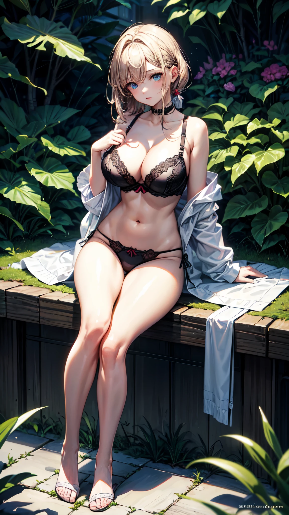 (Raw photo:1.2), (Photorealistic), Beautiful detailed girl, Very detailed eyes and face, Beautiful detailed eyes, Huge file size, High resolution, Very detailed, Best Quality, [masterpiece:1.6], Illustration, Very detailed, Fine detail, Best Quality, 32K Wallpaper, intricate details, in the garden, colorful flowers, beautiful young woman, short height, pixie cur hair, medium breast, low cut cotton panties and bra, full body photo, cameltoe, sitting