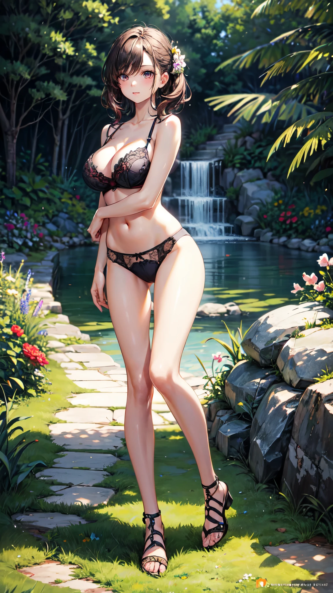 (Raw photo:1.2), (Photorealistic), Beautiful detailed girl, Very detailed eyes and face, Beautiful detailed eyes, Huge file size, High resolution, Very detailed, Best Quality, [masterpiece:1.6], Illustration, Very detailed, Fine detail, Best Quality, 32K Wallpaper, intricate details, in the garden, colorful flowers, beautiful young woman, short height, pixie cur hair, medium breast, low cut cotton panties and bra, full body photo, cameltoe, back view