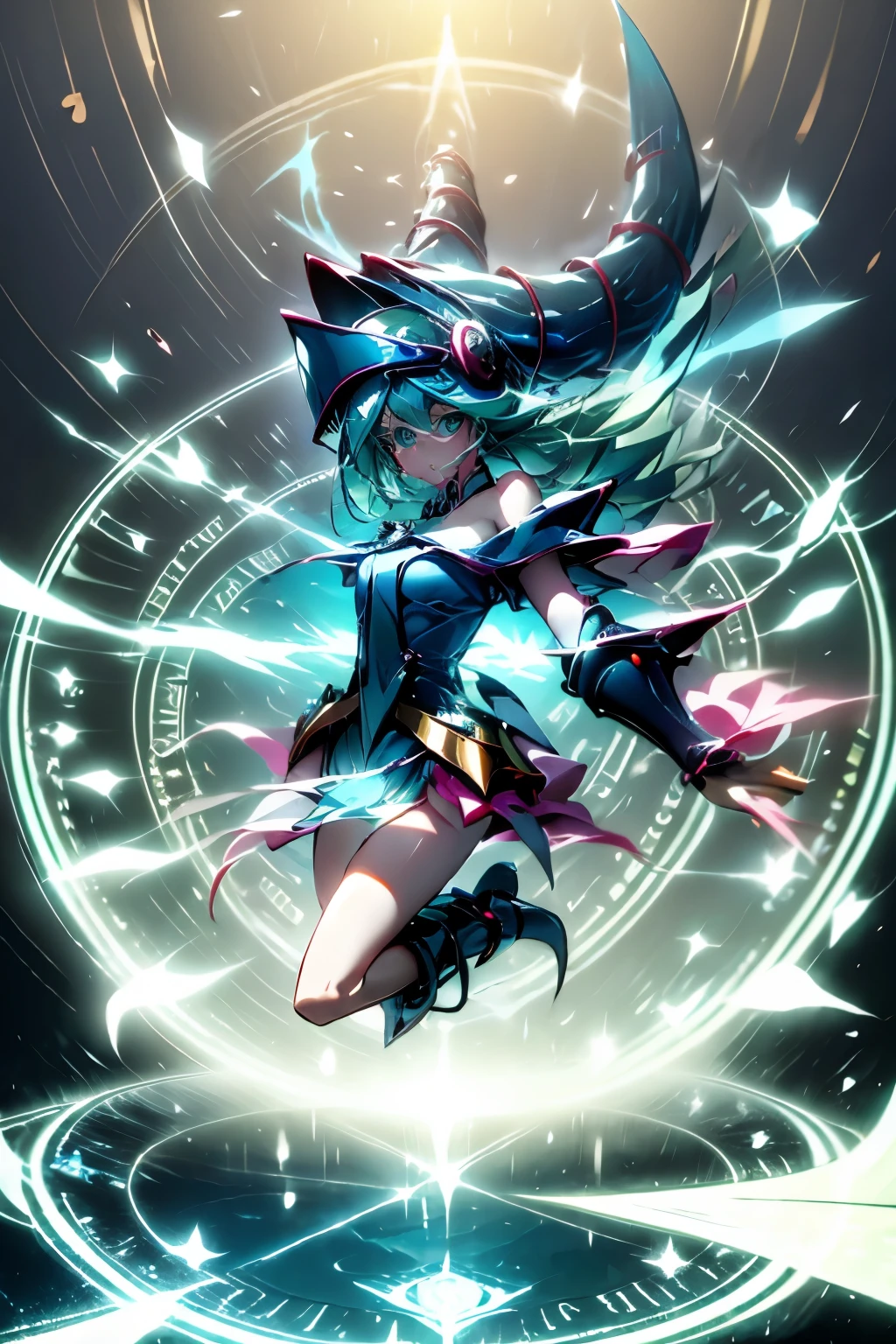 Hatsune Miku disfrazada de dark magician gils. Cabello celeste extra largo. Ojos verdes. Magic Circle Fund.
