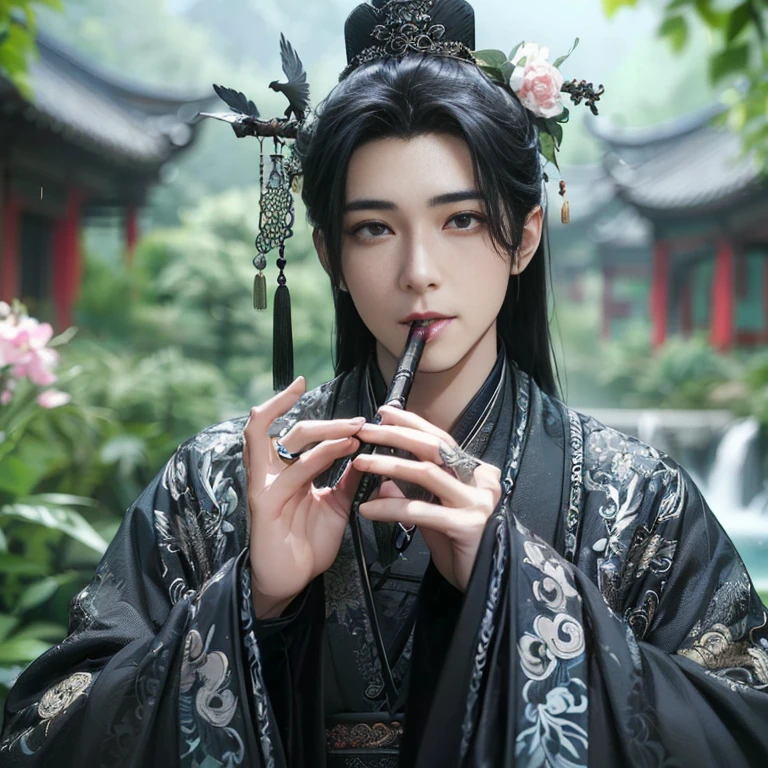 (Best Quality:1.2), (high resolution:1.2), (beautiful face and eye:1.2), (sharpest focus:1.2), (Ultra-realistic Photo:1.2), (Ultra-precise Photo:1.2), (Depth of field:1.2), (8k high resolution:1.2), (perfect :1.2), (nice hands:1.5), 
(perfect hands:1.5), (Very young and dignified and beautiful Chinese man:1.5). (A beautiful nobleman:1.0), (A shiny black hermit-like garment with fancy embroidery:1.0), (A gentle smile:1.3), (Playing an iron flute:1.5), 
(A secluded hermit-like place deep in the mountains of China:1.0), (A mysterious fairyland:1.2), (Birds and animals gathered to listen to the sound of the flute:1.3), (Looking up angle:1.0), 