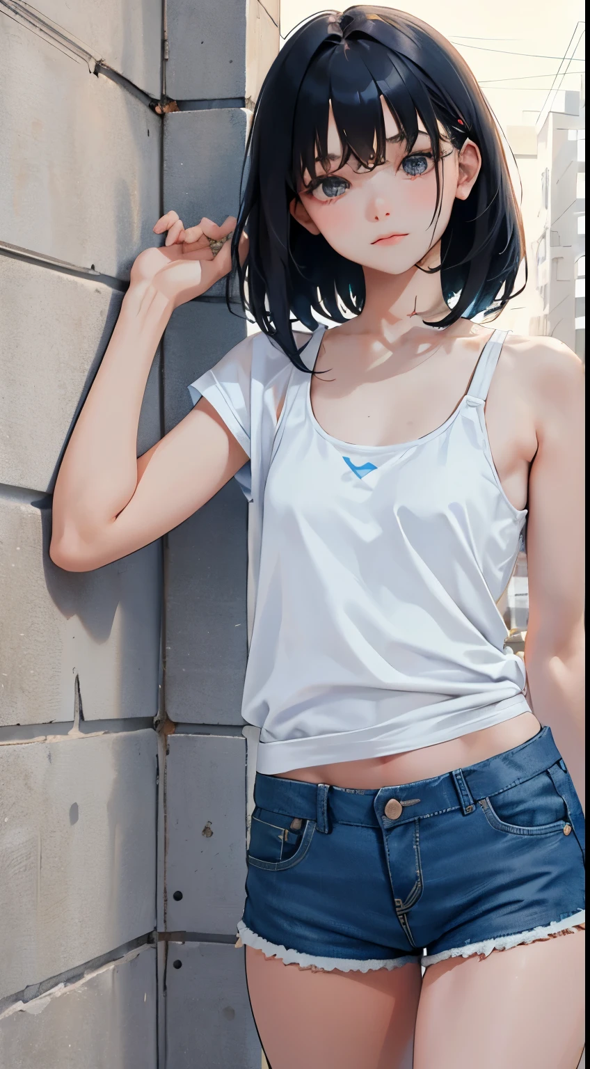 ((masterpiece, best quality)),((highres:1.2)), 1 Girl, solo, Blurred Background, (((Small breasts))), Thighs, (Stripe underwear), T-Shirts,