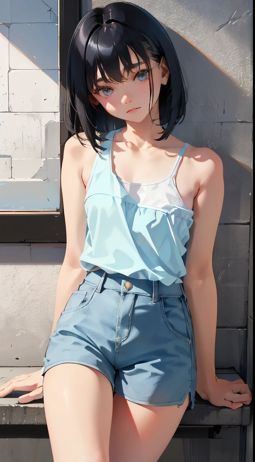 (short cute girl，small young student，young delicate girl）,（masterpiece，Top quality)，sit leaning against the wall，Tank top，light blue shorts，short sleeve，long black hair，sleepy