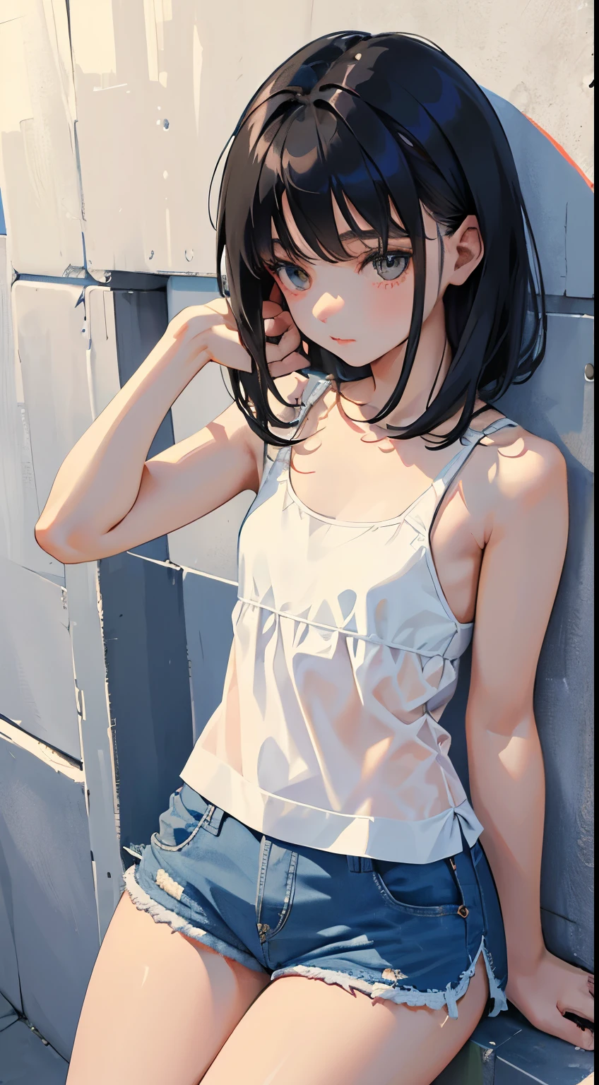 (short cute girl，small young student，young delicate girl）,（masterpiece，Top quality)，sit leaning against the wall，Tank top，light blue shorts，short sleeve，long black hair，sleepy