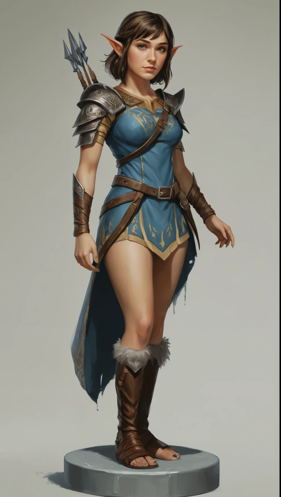 An illustrated movie poster, hand-drawn, full color, a age hylian girl, wearing a hylian tunic, resembles Mary Elizabeth Winstead, bronze skintone, very tall, athletic body, hourglass figure, curvy, slightly chubby, bottom-heavy, generous hips, massive bubble-butt, ridiculously thick powerful thighs, amber brown eyes, long pointy elf ears, dark hair, shaggy bob, posing on a pedestal, wet glistening skin, hard shadows, graphite shading, stencil marks, airbrushed acrylic paint, masterpiece, in the style of Skyrim