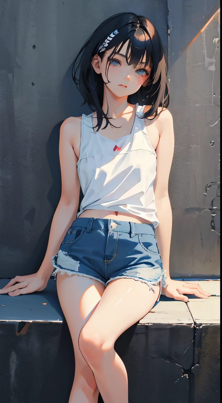 (short cute girl, young studeg delicate girl),(masterpiece,Top quality),sit on the floor,Tank top,light blue shorts,short sleeve,long black hair,sleepy