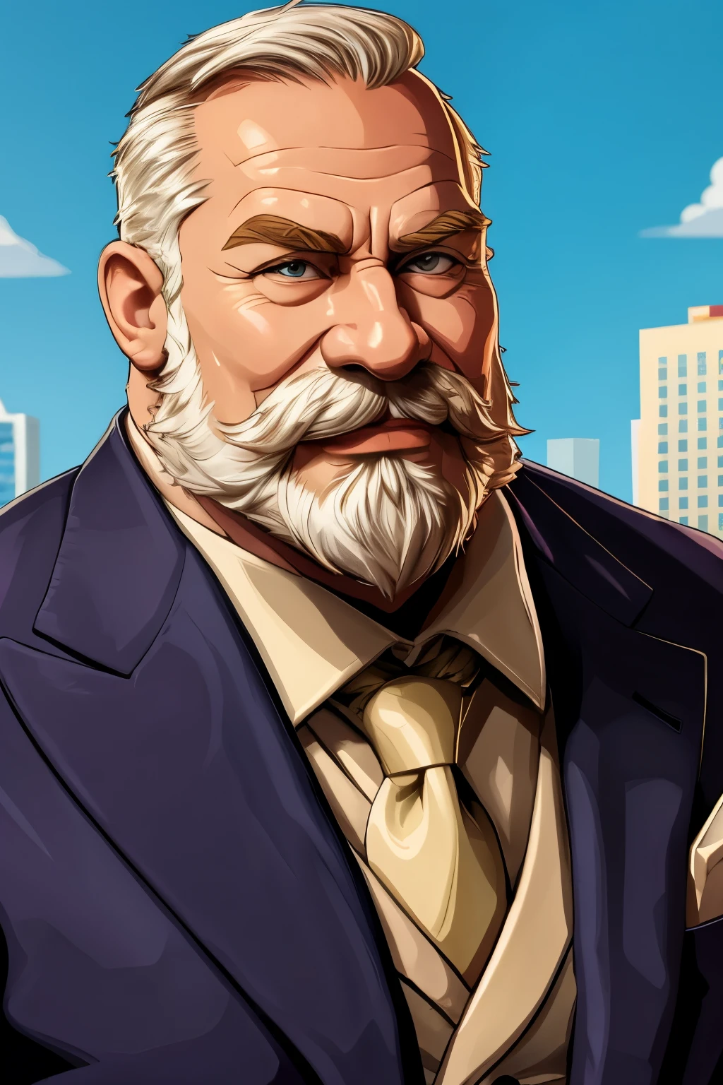 portrait, muscular old man in park, beard no mustache, happy, summer, suits, vector, mwvector