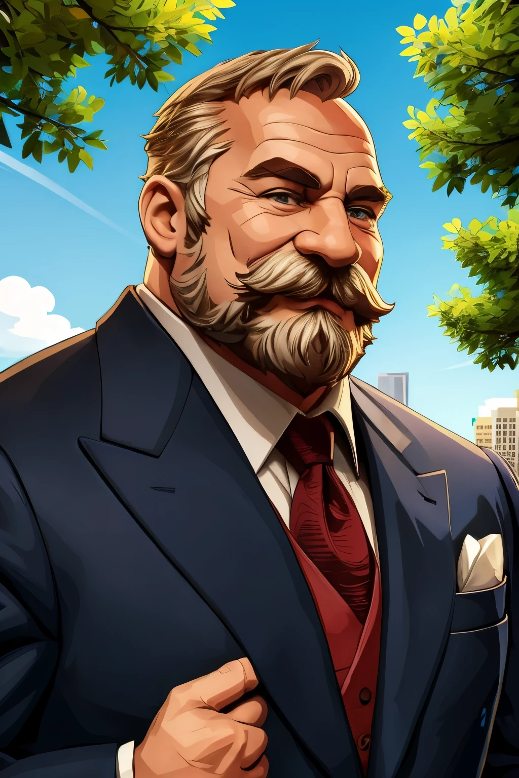 portrait, muscular old man in park, beard no mustache, happy, summer, suits, vector, mwvector