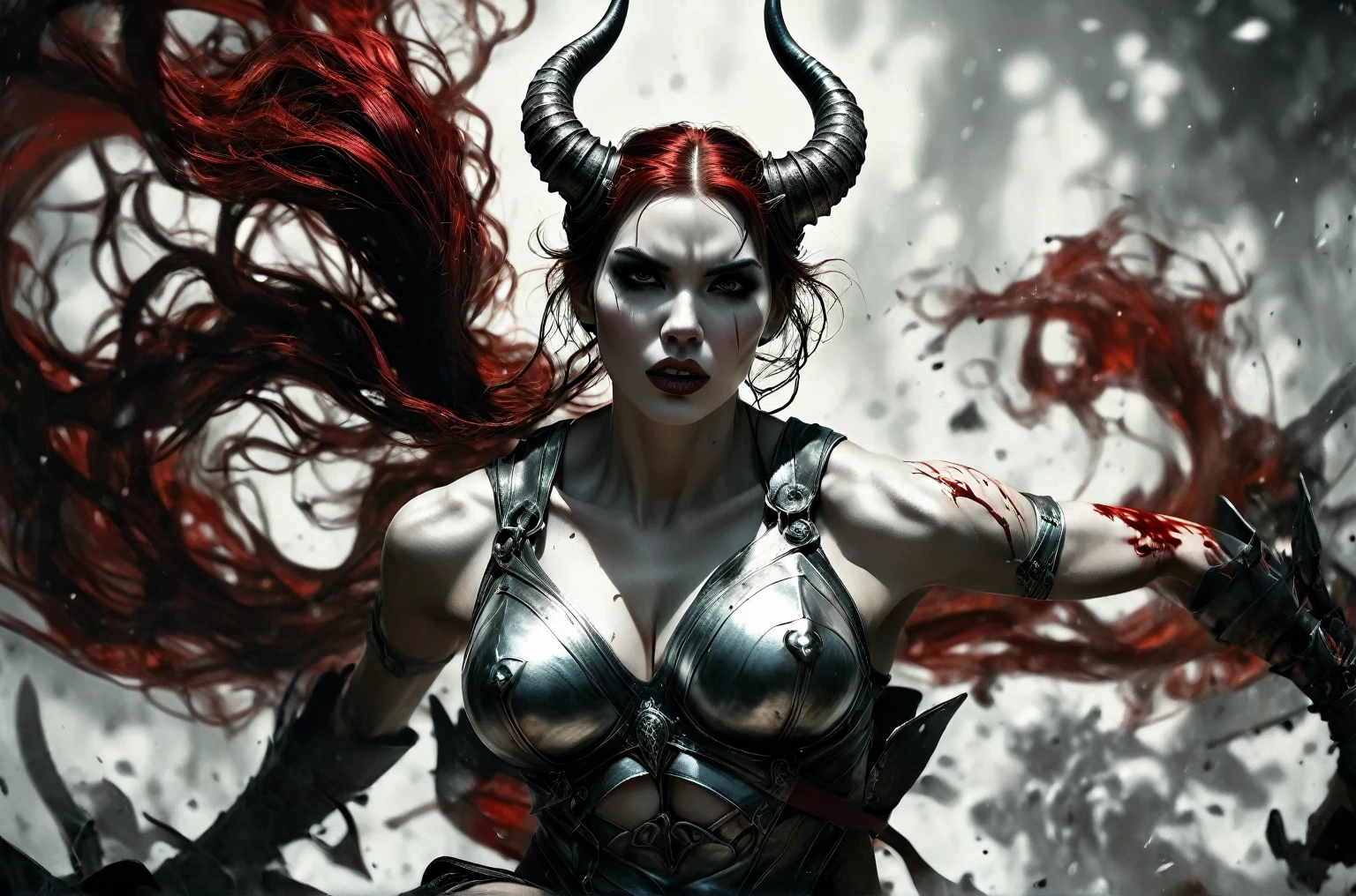 (((skulls on the ground))), (((Make a blood sacrifice))), (carnage:1.5),(black and white demoness:1.5),(beautiful female model:1.5), (demoness with Large horns:1.25),(1 super muscular with flayed skin:1.5),  (perfect anatomy:1.5), high detail, best quality, masterpiece, finely detail, realistic skin texture, insanely detailed, intricate, glowing white eyes, dark hair, glowing white background, goth makeup, beautiful female face, white skin. black and white demoness:1.5, Hyperrealism, breathtaking, ultra realistic, ultra detailed,85 mm art lens, f 1.2, sharp focus, 8 k high definition, wide-angle, ultra details, ultra detailed photo of a black and white demoness, Hyperrealism, breathtaking, ultra realistic, ultra detailed, cinematic lighting,  photography, stunning environment, wide-angle, , medieval, Dark room, low key light, Masterpiece, Realistic, 
