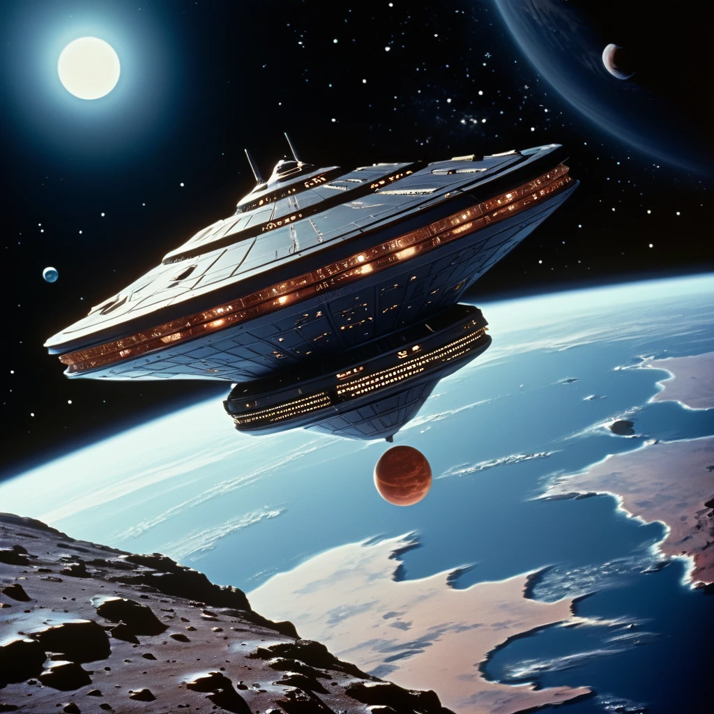 (((external image of ship in outer space orbiting a planet))), (((long shot))), external image of an old starship from a 1960s TV series, Lost in Space, Forbidden Planet , Republic series, Irwin Allen TV show, science fiction, Lost in Space style, retro look, Vintage, old style, 1960s, science fiction, TV studio lighting, old image, TV series style, ( ((indoors))), 16k, still film, ((cinematic)), realistic, (intricate detail: 1.1), retro art style, extremely realistic, 1960s photography, (extremely detailed: 1.3)