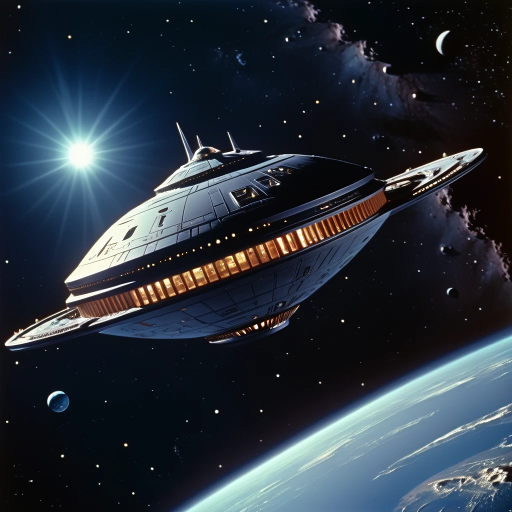 (((external image of ship in outer space orbiting a planet))), (((long shot))), external image of an old starship from a 1960s TV series, Lost in Space, Forbidden Planet , Republic series, Irwin Allen TV show, science fiction, Lost in Space style, retro look, Vintage, old style, 1960s, science fiction, TV studio lighting, old image, TV series style, ( ((indoors))), 16k, still film, ((cinematic)), realistic, (intricate detail: 1.1), retro art style, extremely realistic, 1960s photography, (extremely detailed: 1.3)