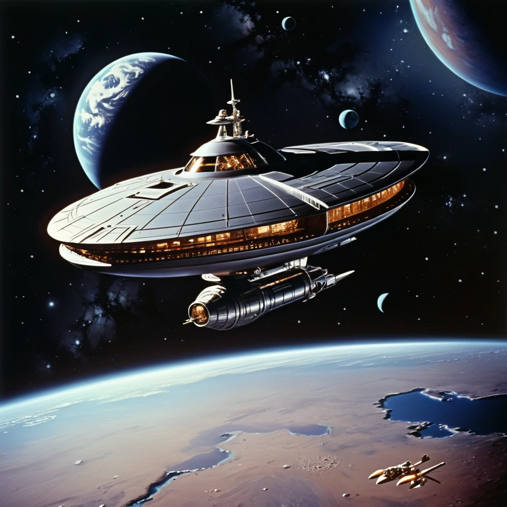 (((external image of ship in outer space orbiting a planet))), (((long shot))), external image of an old starship from a 1960s TV series, Lost in Space, Forbidden Planet , Republic series, Irwin Allen TV show, science fiction, Lost in Space style, retro look, Vintage, old style, 1960s, science fiction, TV studio lighting, old image, TV series style, ( ((indoors))), 16k, still film, ((cinematic)), realistic, (intricate detail: 1.1), retro art style, extremely realistic, 1960s photography, (extremely detailed: 1.3)