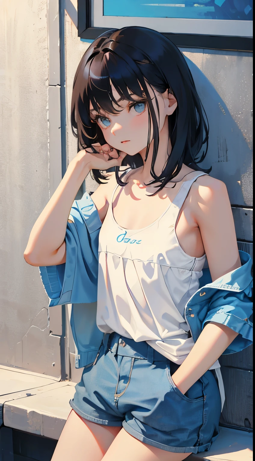 (short cute girl， young studeg delicate girl）,（masterpiece，Top quality)，sit leaning against the wall，Tank top，light blue shorts，short sleeve，long black hair，sleepy