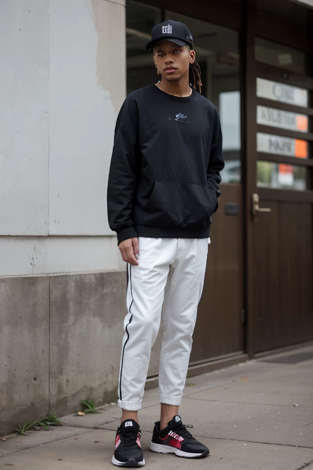 Crea un outfits masculino completo, tipo streetwear con las siglas RBP minimalistas con colores oscuros, tomando en cuenta detalles de hip hop y casual
Detalla con colores oscuros y que las siglas RBP sean notorias,
agrega detalles mexicanos,
Add more masculinity with more style with much more style add touches of hiphop to the outfit I want the acronyms "RBP" They are very noticeable, add some fashionable Nike tennis shoes, I want the model to be standing., con un fondo ????? y con el outfit completo de "RPB" algo no antes visto, I need it to have an oversized touch and to look very streetwear and very fashionable.


