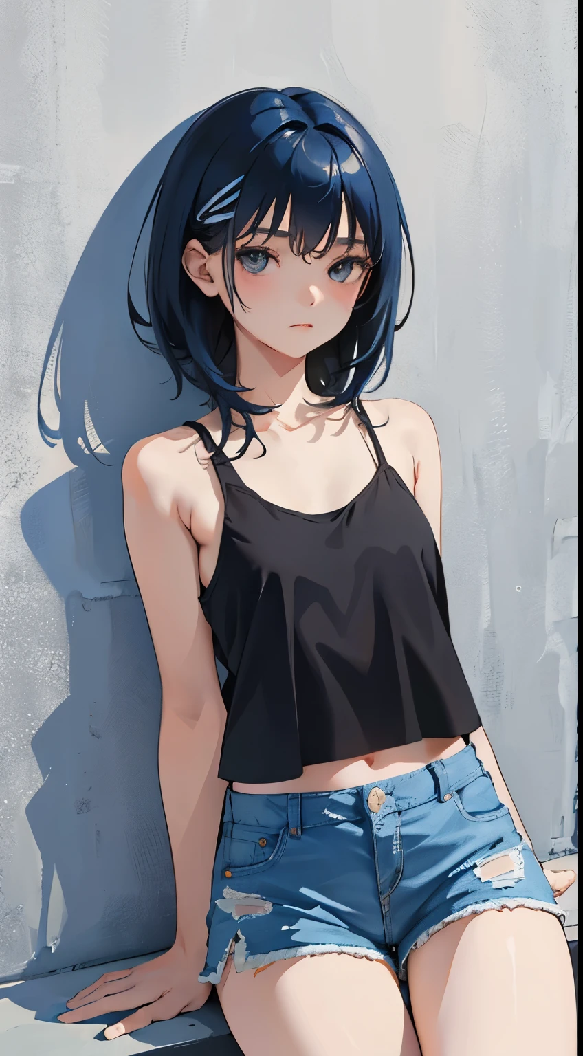 (short cute girl,small young student,young delicate girl),(masterpiece,Top quality),sit leaning against the wall,Tank top,light blue shorts,short sleeve,long black hair,sleepy