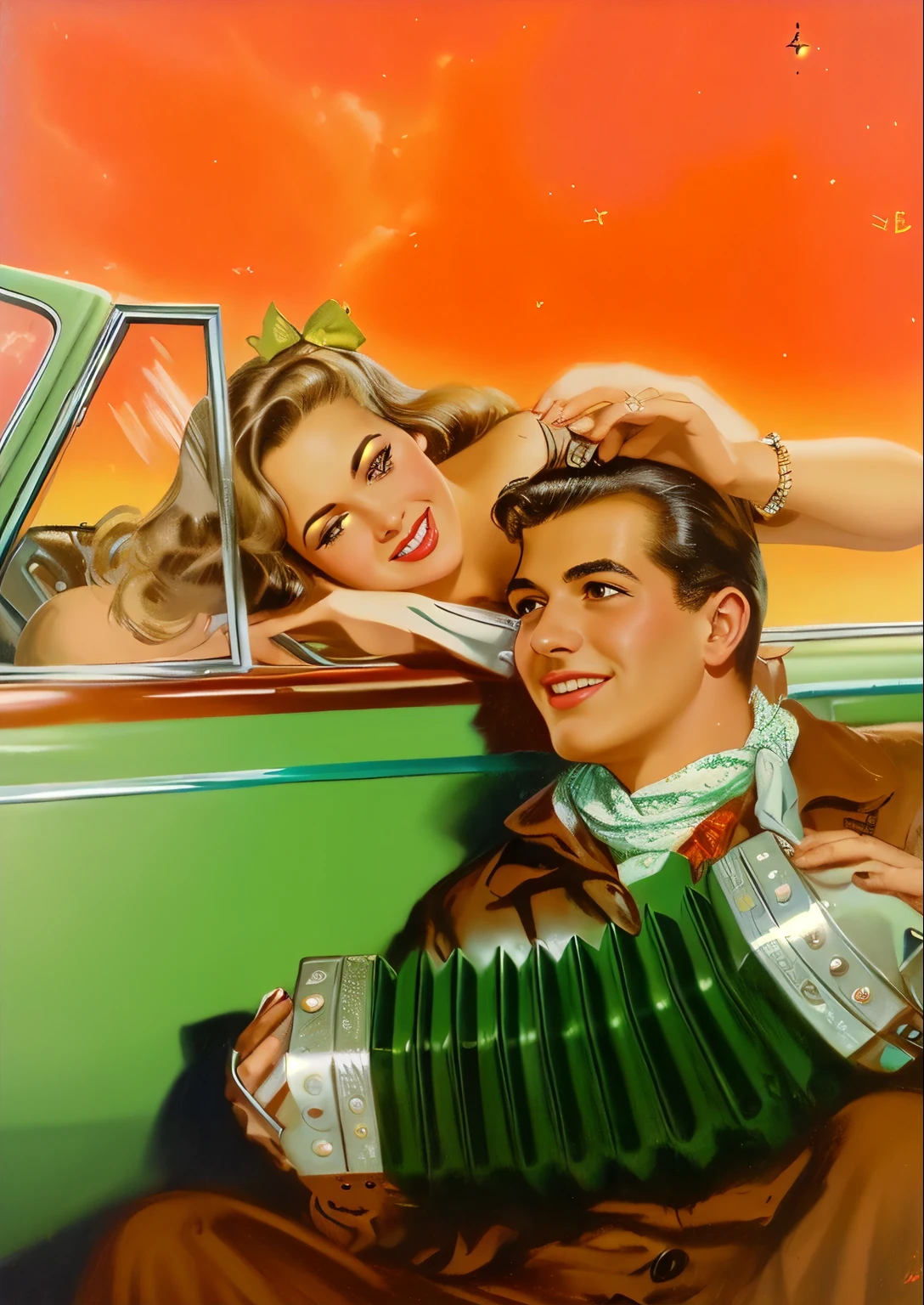 painting of a man and woman in a car with a accordion, by Art Frahm, retro illustration, inspired by Art Frahm, 1950s illustration style, 5 0 s pulp illustration, vintage magazine illustration, by Jon Whitcomb, 1 9 5 0 s americana tourism, ( art fitzpatrick ), by Maurice Braun, enoch bolles, illustration!