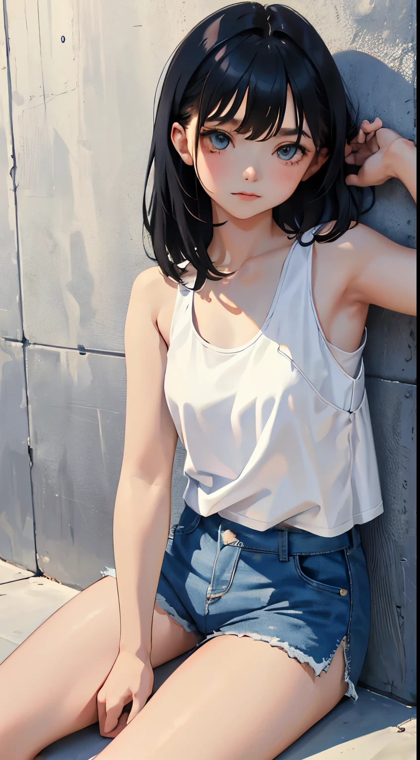 (short cute girl，small young student，young delicate girl）,（masterpiece，Top quality)，Sit on the floor leaning against the wall，Tank top，light blue shorts，short sleeve，long black hair，sleepy