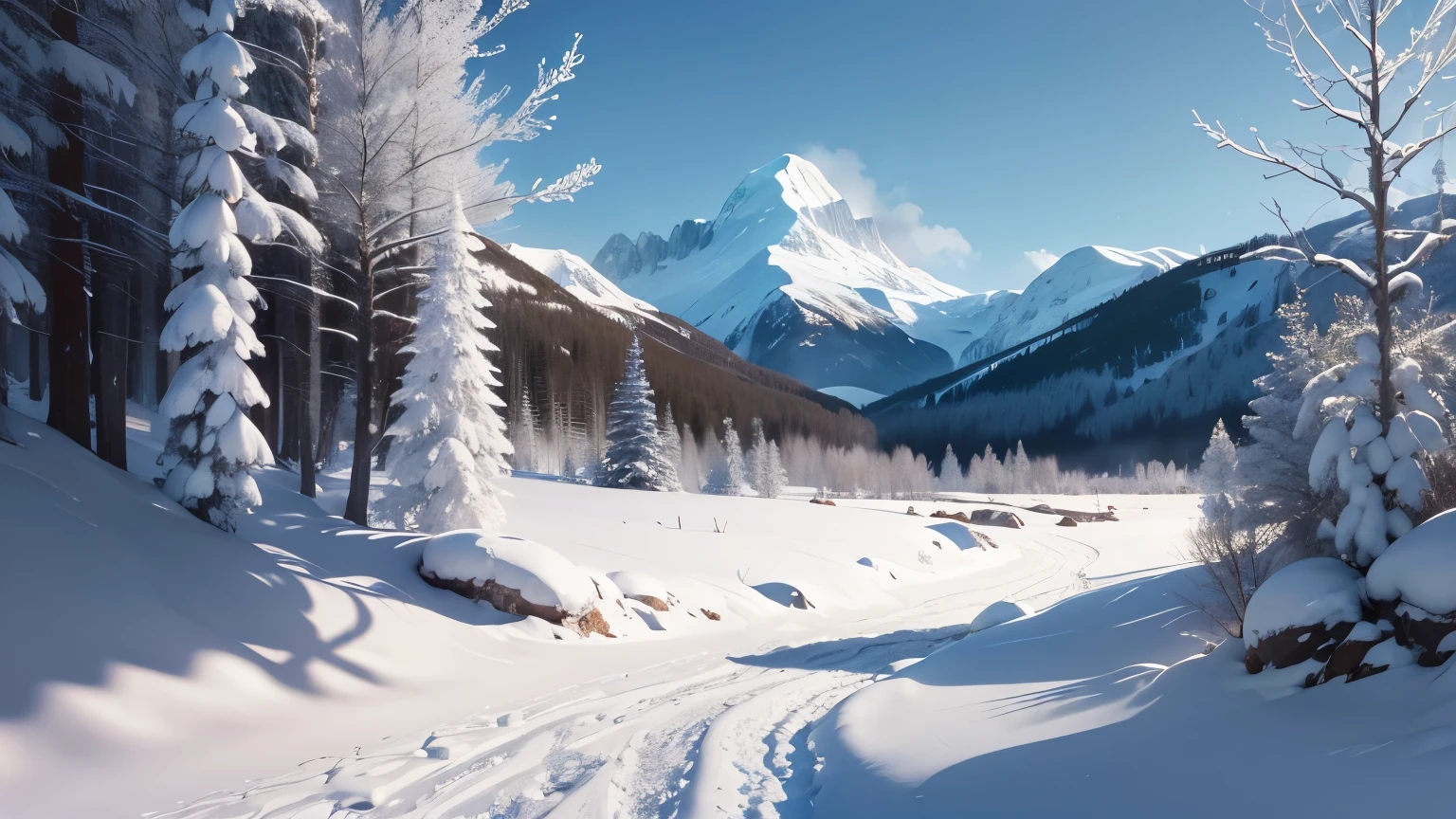 (highres, realisitc, landscape:1.2), snowy mountain,top of the mountain covered in snow,frozen river in the valley,evergreen trees blanket the slopes,rays of sunlight piercing through the clouds,majestic snow-capped peak,crisp and clean air,thin layer of ice on the lake,quiet and serene atmosphere,immense scale of the mountain range,subtle shades of blue and white,pure white snow glistening under the sunlight,detailed texture of the snow-covered rocks,faint mist rising from the mountain stream,far-off mountains fading into the distance,shadow cast by the mountains creating depth,sparkling icicles hanging from the branches of the trees,peaceful and untouched wilderness,unspoiled beauty of nature,mountain range stretching endlessly into the horizon,tranquil and majestic scenery,majestic snow-covered peaks rising into the sky,gradient of colors from white to blue,soaring cliffs and jagged ridges,snowflakes gently falling from the sky,soft and powdery snow covering the ground,peaceful silence interrupted only by the sound of wind gusts. Notice:Image quality may、The description of materials is not suitable for the situation,You can adjust it slightly as needed。