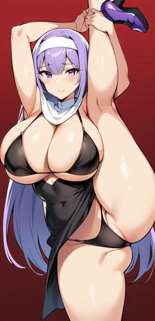 a woman，Twenties，long purple hair，sexy，huge breasts，nun headdress，black bikini，High heel，one leg raised，Stand on one leg