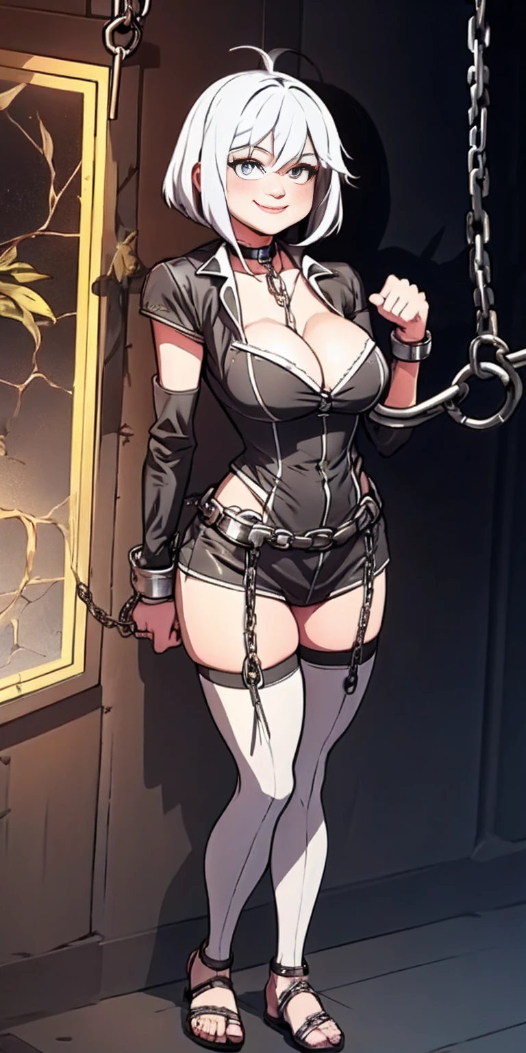 a single (mature MILF BIMBO albino skin and short white hair), (FULL BODY) perfect face, wearing tight leather bandages, BIG KNOCKERS CLEAVAGE, lustful smirking smile red blush red cheeks, chain leash, kneeling, shackles, leather black collar slave, ((BLACK background)) WITH KNOCKERS on glass, glass window fog water drop, metal handcuffs clenching fist, black choker collar, thigh highs, long legs, metal ankle, metal sandals, metal shoulders, standing straight symmetrical against glass, grabbing her own ass