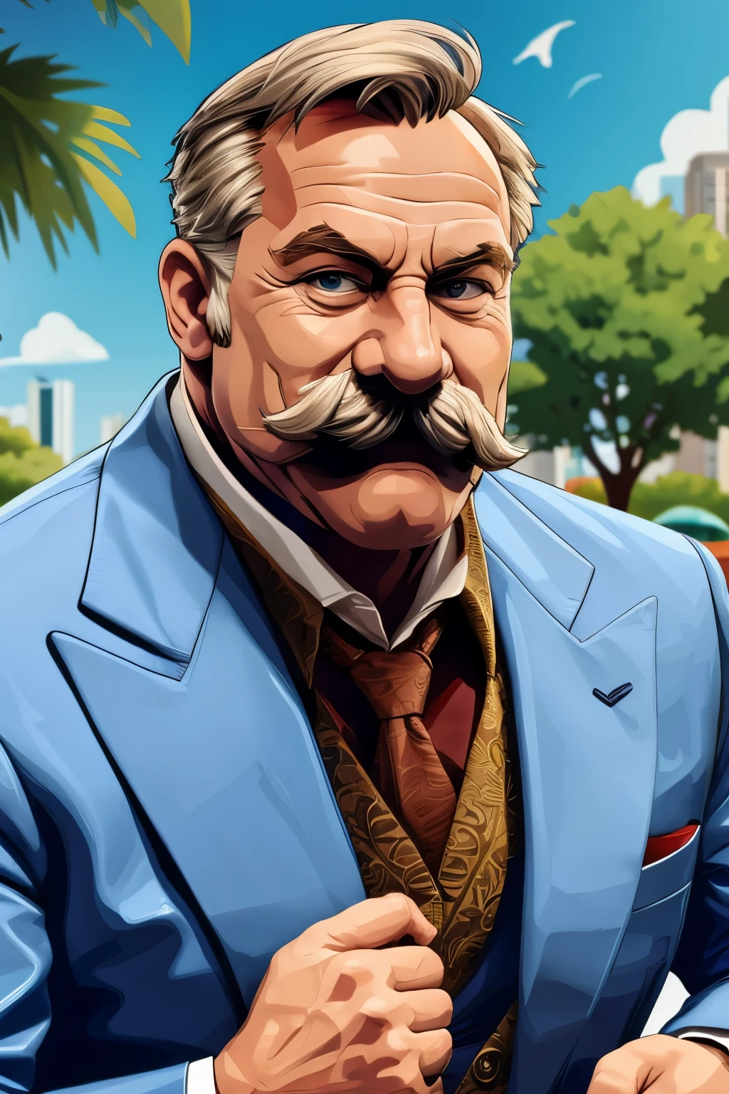 portrait, muscular old man in park, mustache no beard, happy, summer, suits, vector, mwvector