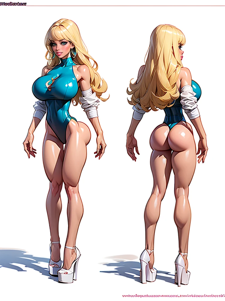 ((masterpiece)),(((Best quality))),((character design sheet)), ((full body view)) illustration,1 girl, buttercup, ((big tits:1.2)), ((straight blonde hair) ), long straight hair, ((bangs)), dark green eyes, ((white leotard:1.2)), ((white heels:1.4)), ((bare legs:1.4)), ((detailed face:1.4) ) Beautiful woman, ((pink lips)), full lips, sketch, pose, 8K, 16k, (single background, White background: 1.3)