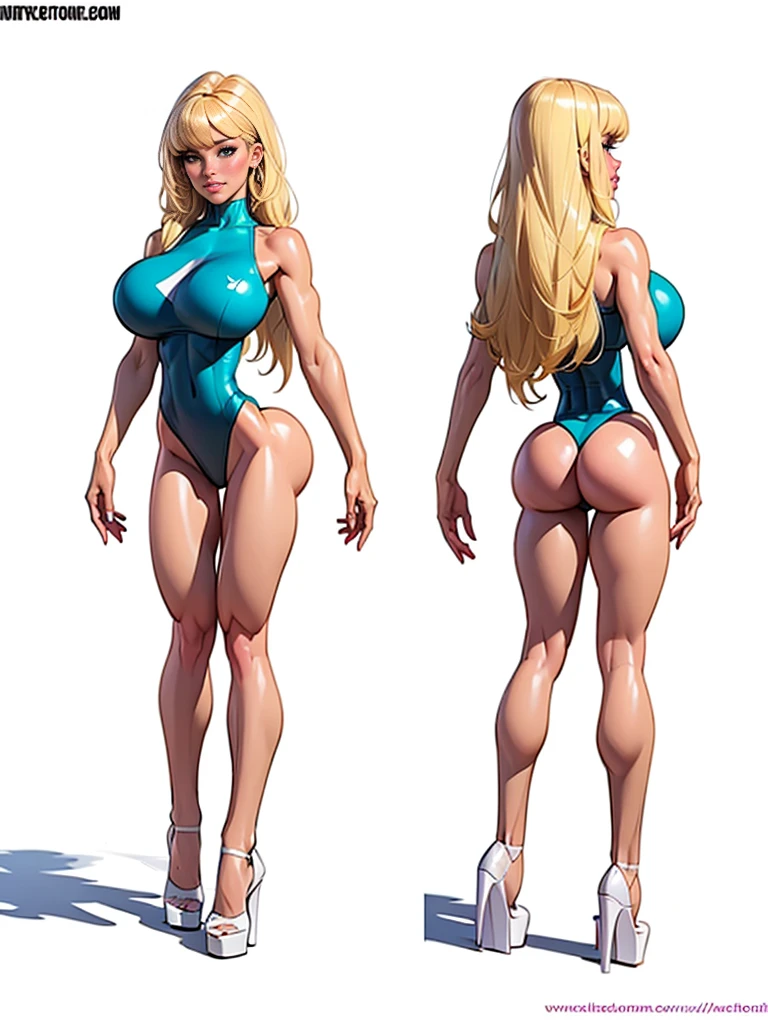 ((masterpiece)),(((Best quality))),((character design sheet)), ((full body view)) illustration,1 girl, buttercup, ((big tits:1.2)), ((straight blonde hair) ), long straight hair, ((bangs)), dark green eyes, ((white leotard:1.2)), ((white heels:1.4)), ((bare legs:1.4)), ((detailed face:1.4) ) Beautiful woman, ((pink lips)), full lips, sketch, pose, 8K, 16k, (single background, White background: 1.3)