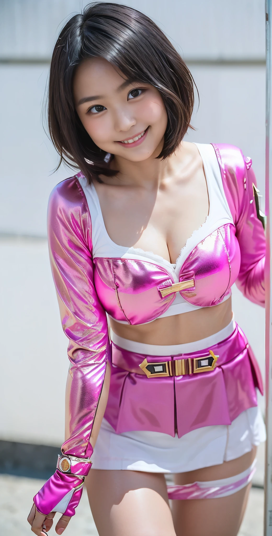 （8K、Raw photography、highest quality、masterpiece：1.2),(black haired、very short hair:1.8),(twin tails:1.2)、show viewer,Looking at the front,erotic,白いskin,(Wearing a shiny pink ranger costume:1.9)、()、(Clothing that emphasizes the shape of your chest、publish one&#39;skin:1.5)、(big breasts :1.4)、slim body shape、ultra high resolution,beautiful,beautiful fece,(alone、no background:1.9),whole bodyボディー,japanese woman,（Photoreal：1.37）、photon mapping,reality、(-face cute: 1.0)、(cute smile: 1.7)、(With a round face: 1.7)、radio city、Physically based rendering、depth of field rally background、photograph, (I can see your knees、short skirt、I can see white panties、close up of thighs:1.8),（show polka dot panties:1.4）,whole body、super fine