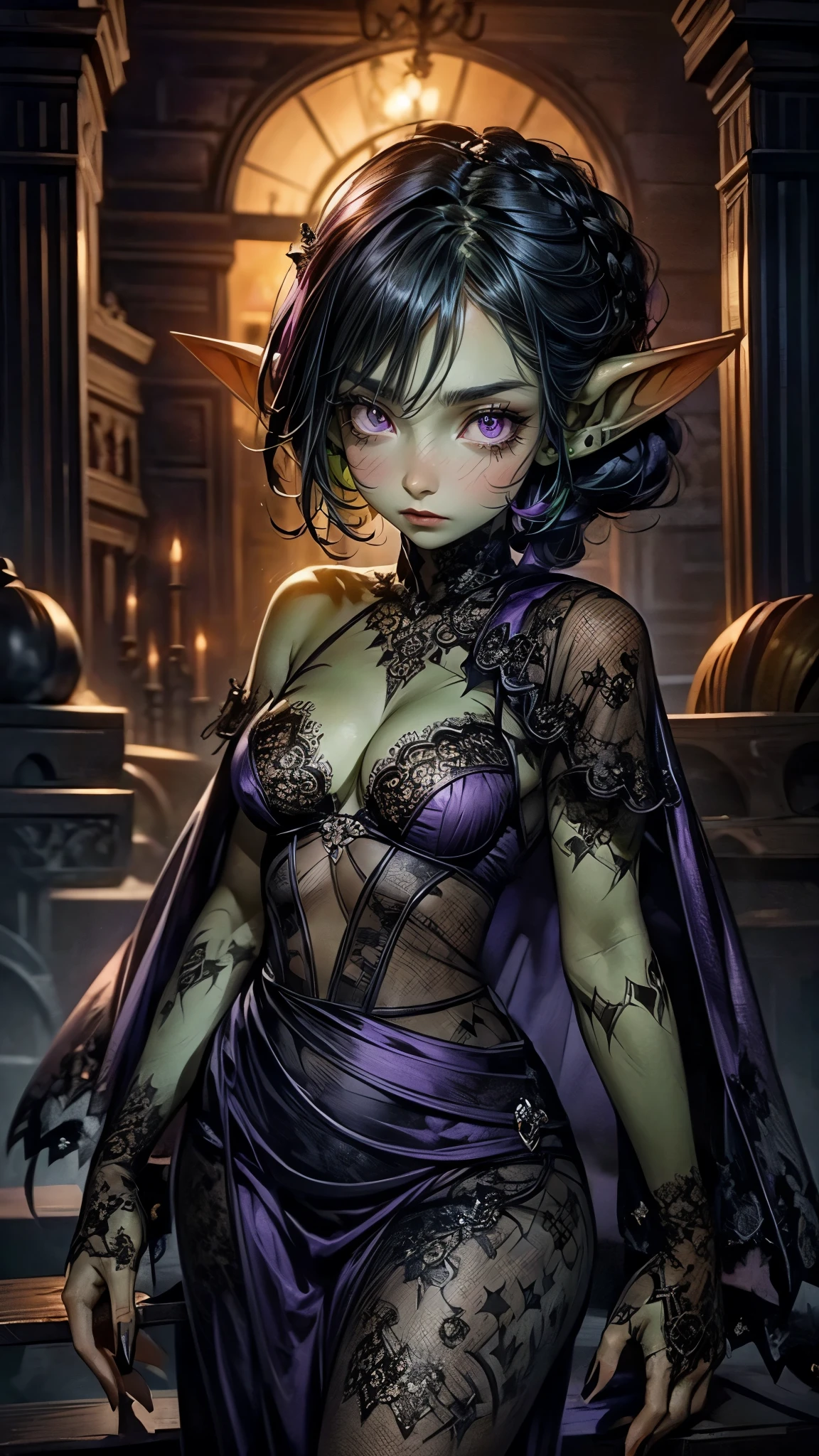 ((best quality)), ((masterpiece)), (detailed), 4k dark gothic horror style, Halloween style, very small goblin girl, green skin, pointy ears, short purple hair with black streaks pixie hairstyle, bright red eyes, in a dark gothic castle, cinematic dark lighting, stark lighting, dim, wearing ornate black lace lingerie, very long purple silk cape, slight smile, looking at viewer, ornate hair decoration, cleavage