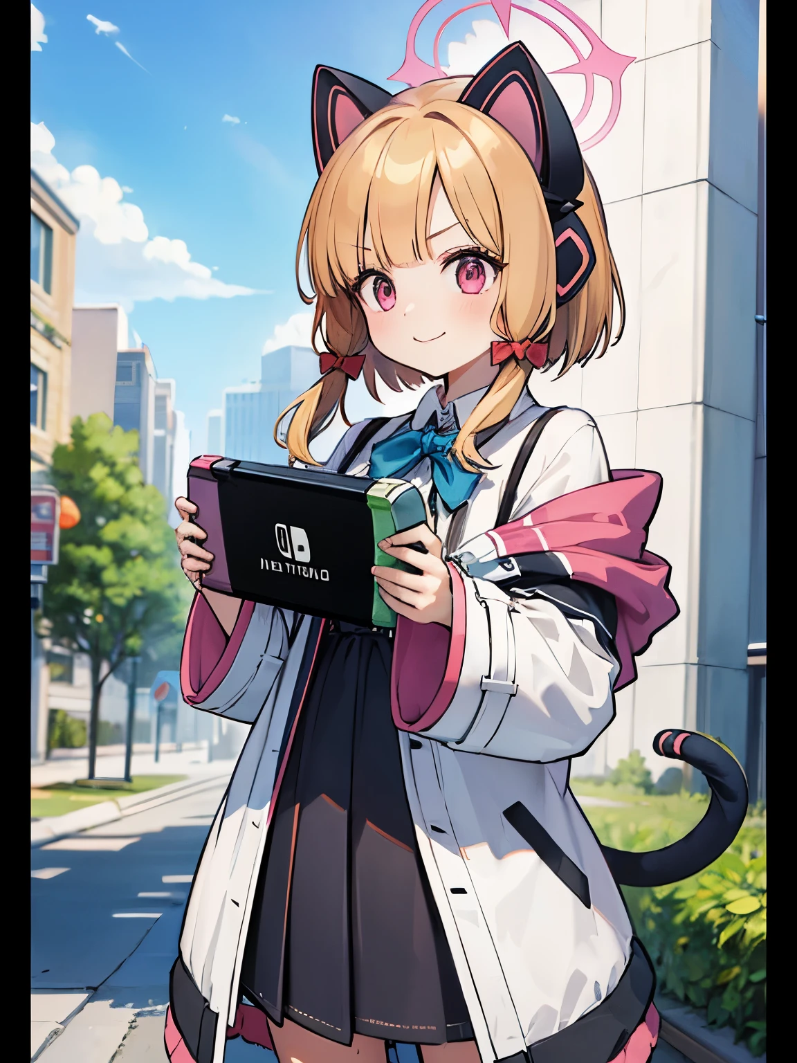 Masterpiece, hd ,2d, best quality, momoi (blue archive), brown hair, cat headphone, wear jacket, standing, outdoor, smile, holding Nintendo switch, (Nintendo switch:1.1)