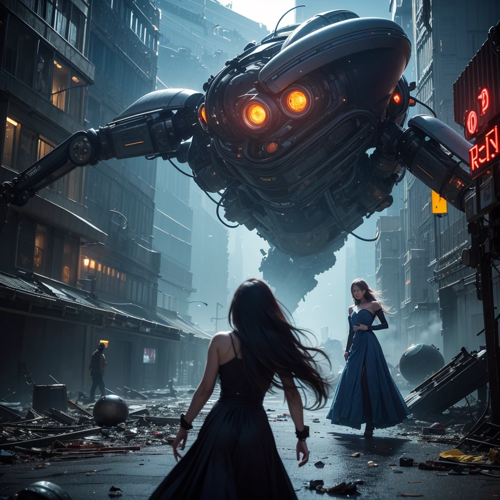 (highest quality、4k、8k、High resolution、master piece: 1.2)、Super detailed、(real、photorealistic、photorealistic: 1.37)、Destruction of a Great City、(A telekinetic woman stands in front of a giant jellyfish robot controlled by an invader.:1.37) 、(Women are young and beautiful、18-year-old、unparalleled beauty:1.5)、Insert mental barriers to resist robot attacks、vibrant cityscape、Bright colors、Shining skyscrapers、busy street、Futuristic architecture and technology、Advanced holographic display、Neon light splashes 、dramatic lighting、intense shadow、Awe-inspiring power that exudes from women、Determination in His Eyes、An elegant flowing gown、Dynamic action in the wind、Reach out and rush towards the robot.、A powerful energy emanates from the hands、Blue glowing aura、sparks of electricity、electricity crackling in the air、A vortex of energy surrounding a woman、A fascinating and surreal atmosphere、A sense of danger and impending destruction、Background chaos and destruction、Crumbling buildings、flying debris、Smoke and flames、 The contrast between beauty and destruction、The war between technology and the extraordinary power of young women,A jellyfish robot is destroyed by a telekinetic woman and falls apart