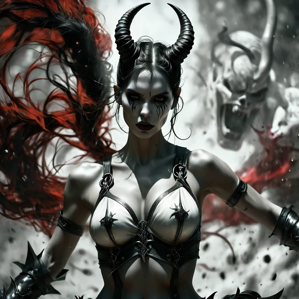 (((skulls on the ground))), (((Make a blood sacrifice))), (carnage:1.5),(black and white demoness:1.5),(beautiful female model:1.5), (demoness with Large horns:1.25),(1 super muscular with flayed skin:1.5), (perfect anatomy:1.5), high detail, best quality, masterpiece, finely detail, realistic skin texture, insanely detailed, intricate, glowing white eyes, dark hair, glowing white background, goth makeup, beautiful female face, white skin. black and white demoness:1.5, Hyperrealism, breathtaking, ultra realistic, ultra detailed,85 mm art lens, f 1.2, sharp focus, 8 k high definition, wide-angle, ultra details, ultra detailed photo of a black and white demoness, Hyperrealism, breathtaking, ultra realistic, ultra detailed, cinematic lighting, photography, stunning environment, wide-angle, , medieval, Dark room, low key light, Masterpiece, Realistic,