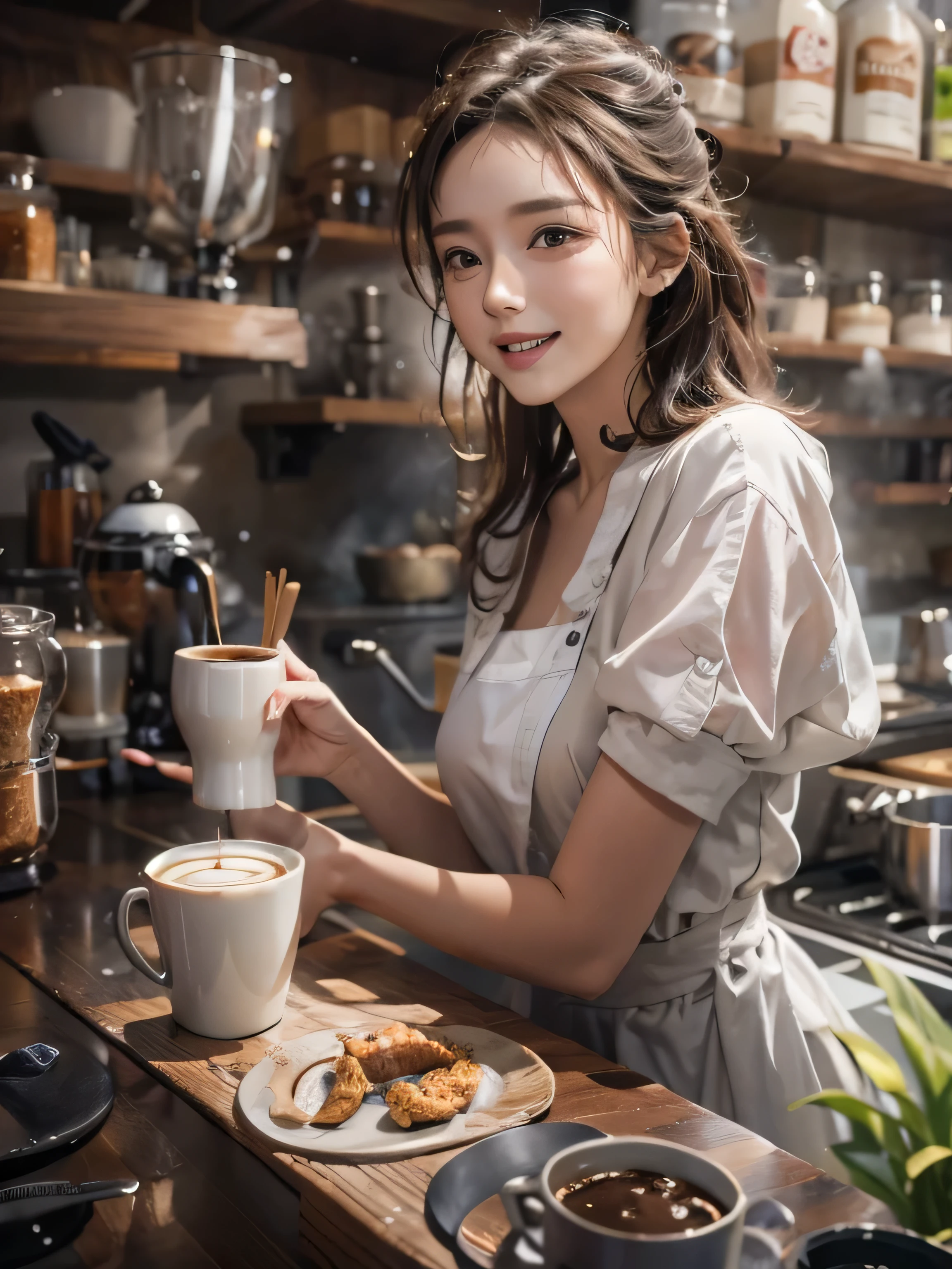 muste piece、High resolution、The coffee shop of the future、A woman brewing delicious coffee、２５old girl、１Girl shop assistant、looking at the camera、smile、The result is exactly as pictured、Coffee and beauty、White and beautiful skin、