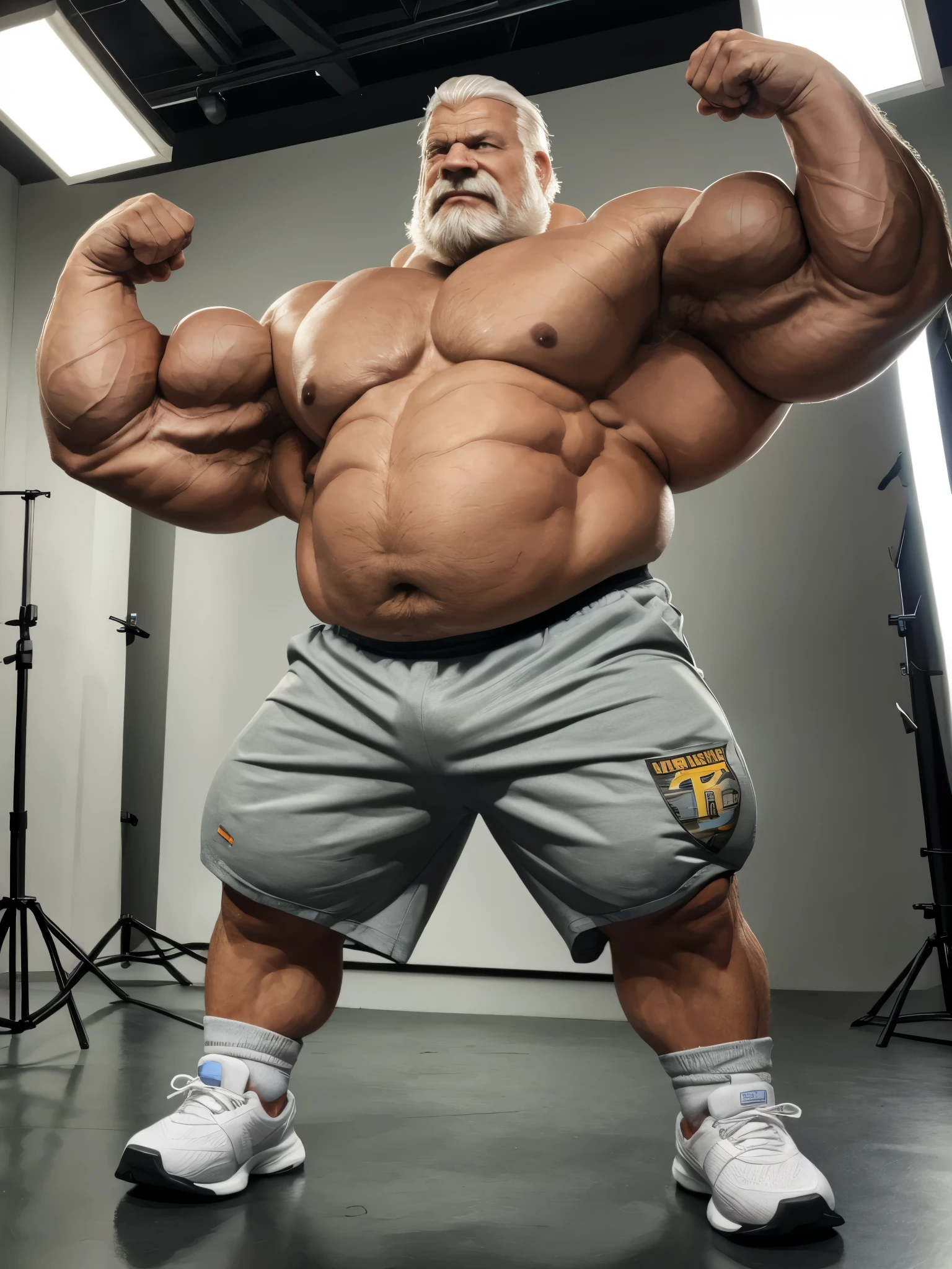 vector, mwvector, (best quality,4k,8k,highres,masterpiece:1.2),ultra-detailed,(realistic,photorealistic,photo-realistic:1.37),((massive muscular)) ((huge Muscular)) chubby old man standing in photo studio, simple background, flexing pectoral muscle, shorts and shoes, white hair, super thick arms, super big pectoral, super wide pectoral, topless, shirtless