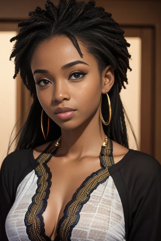 Half body shot, of the very detailed face Young beautiful black african american woman, african american clothing