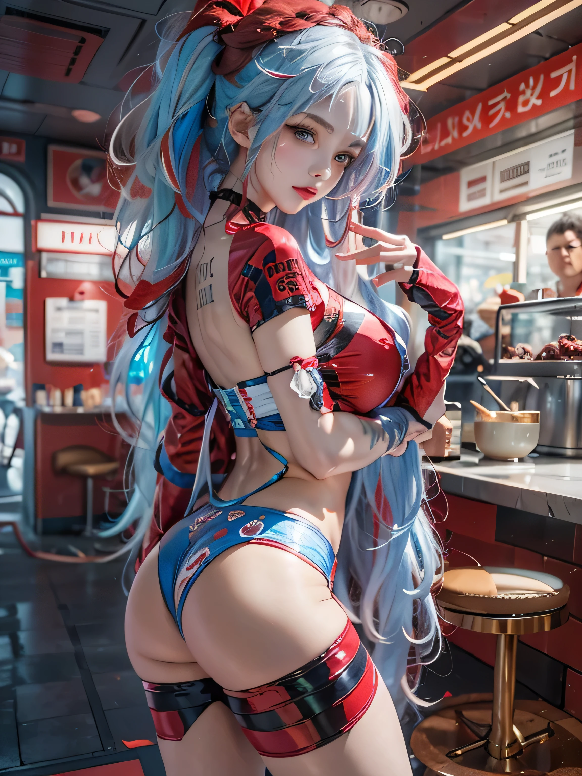 (photorealistic:1.8, highest quality:1.8,8K masterpiece:1.8,High resolution,muste piece:1.8,RAW Photos,cinematic lighting),No split screen、cyber punk、The coffee shop of the future、A woman brewing delicious coffee、
 (1 android girl:1.3)、Completely naked、choker、Shop clerk uniform、beautiful breasts、beautiful butt、beautiful thighs,plump nipples、(Nipples visible through clothing)、cameltoe、
Body painting with a pop design drawn all over the body、pop art design、cutting edge fashion、conceptual art、
(Beautiful, shining crimson, blue, red and white hair:1.5)、shining blue eyes