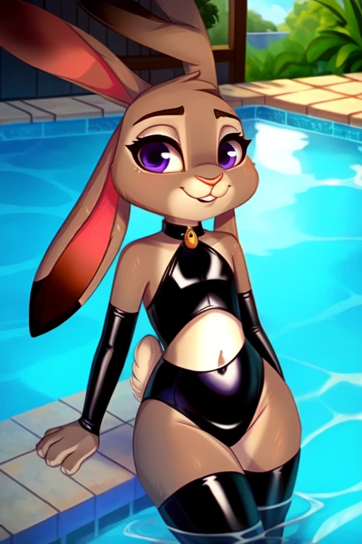 velu, anthro, seulement, ((lapin)), ((femelle)), ((Mince)), ((jeune fille anthro)), ((queue duveteuse)), regard innocent, oreilles tombantes, cheveux courts, piscine scolaire couverte, maillot de bain latex moulant transparent sexy, sexy, seins moyen, vagin, attractive age girl